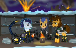 Size: 4852x3074 | Tagged: safe, artist:vector-brony, imported from derpibooru, cheese sandwich, flash sentry, soarin', pony, fallout equestria, absurd resolution, armor, best friends, cold, commission, enclave armor, fallout, fireplace, flankorage, laser gun, power armor, sad, shadowbolt armor, trench, trio, war, winter