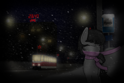 Size: 3000x2000 | Tagged: safe, artist:subway777, imported from derpibooru, octavia melody, blizzard, eyes closed, female, lights, night, russia, snow, snowfall, solo, tram, wind, winter