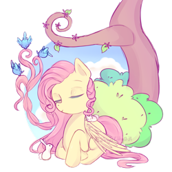 Size: 1024x1024 | Tagged: safe, artist:alilangelkitty, imported from derpibooru, fluttershy, bird, rabbit, braid, bush, cute, eyes closed, female, flower, prone, shyabetes, solo, tree, watermark