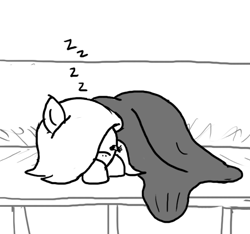 Size: 640x600 | Tagged: safe, artist:ficficponyfic, imported from derpibooru, oc, oc only, oc:emerald jewel, earth pony, pony, colt quest, blanket, child, colt, foal, hair over one eye, male, monochrome, pew, sleeping, solo, story included, zzz