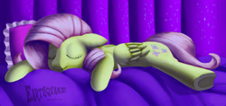 Size: 1512x712 | Tagged: safe, artist:earthquake87, imported from derpibooru, fluttershy, bed, curtain, curtains, cute, eyes closed, female, pillow, shyabetes, sleeping, smiling, solo, underhoof