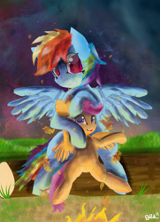 Size: 2695x3717 | Tagged: safe, artist:owlvortex, imported from derpibooru, rainbow dash, scootaloo, pony, fire, scootalove