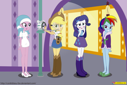 Size: 3783x2539 | Tagged: safe, artist:conikiblasu-fan, imported from derpibooru, aloe, applejack, rainbow dash, rarity, applejack's "day" off, equestria girls, applejack day, bathrobe, boots, breasts, clothes, cowboy hat, cute, dashabetes, denim skirt, dress, engineer, equestria girls interpretation, equestria girls-ified, female, fixing, goggles, hammer, hat, high heel boots, high heels, legs, mouth hold, open mouth, pipe (plumbing), pouch, scene interpretation, shoes, side slit, skirt, slippers, spa, stetson, tank slippers, tape