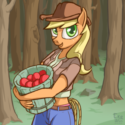 Size: 1536x1536 | Tagged: safe, artist:exedrus, derpibooru exclusive, imported from derpibooru, applejack, anthro, apple, bucket, clothes, cowboy hat, female, food, forest, hat, looking at you, midriff, outdoors, panties, pink underwear, rope, smiling, solo, stetson, tree, underwear