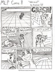 Size: 1024x1333 | Tagged: safe, artist:horselover fat, imported from derpibooru, rainbow dash, twilight sparkle, comic:mlp comic, black and white, comic, emptiness, grayscale, hug, monochrome, musical instrument, nihilism, piano, rainbow crash, schizophrenia, smiling, soul, sweat, traditional art