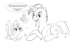 Size: 1210x737 | Tagged: safe, artist:silfoe, imported from derpibooru, princess flurry heart, sunburst, bird, royal sketchbook, cute, dialogue, duo, grayscale, magic, monochrome, prone, sketch, speech bubble, sunburst teaches flurry, telekinesis, uncle sunburst