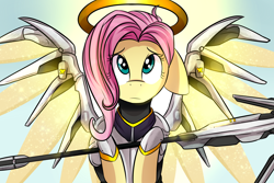 Size: 3000x2000 | Tagged: safe, artist:php25, deleted from derpibooru, imported from derpibooru, fluttershy, bronycon, bronycon 2016, armor, crossover, cute, mercy, mercyshy, overwatch, print, shyabetes, solo, weapon