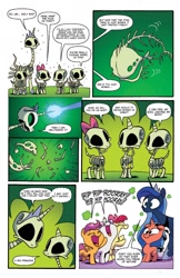 Size: 1400x2154 | Tagged: safe, artist:jay fosgitt, edit, idw, imported from derpibooru, apple bloom, princess luna, scootaloo, sweetie belle, thestra, mirrorca, spoiler:comic, cutie mark crusaders, dead, death, skeleton, spooky scary skeleton, vulgar, wat, what has magic done, why