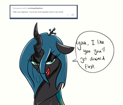 Size: 1000x850 | Tagged: safe, artist:xxmarkingxx, imported from derpibooru, queen chrysalis, ask, bedroom eyes, female, nochangelingshere, smiling, solo, tumblr