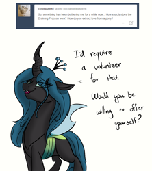 Size: 800x900 | Tagged: safe, artist:xxmarkingxx, imported from derpibooru, queen chrysalis, ask, bedroom eyes, female, nochangelingshere, smiling, solo, tumblr