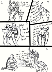 Size: 1000x1400 | Tagged: safe, artist:xxmarkingxx, imported from derpibooru, queen chrysalis, oc, oc:anon, changeling, changeling queen, human, chains, comic, computer, dialogue, female, monochrome, nochangelingshere, open mouth, pointing, sitting, yelling