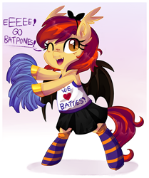 Size: 1600x1910 | Tagged: safe, artist:spookyle, imported from derpibooru, oc, oc only, oc:pumpkin bell, bat pony, pony, bipedal, cheerleader, clothes, cute, cute little fangs, eeee, fangs, fluffy, freckles, looking at you, one eye closed, open mouth, pom pom, simple background, smiling, socks, solo, spread wings, striped socks, white background, wink