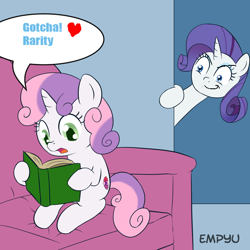 Size: 600x600 | Tagged: safe, artist:empyu, edit, imported from derpibooru, rarity, sweetie belle, pony, unicorn, book, duo, new leaf (spongebob episode), spongebob squarepants, sweetie belle's book