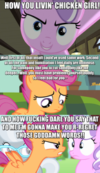 Size: 994x1712 | Tagged: safe, edit, edited screencap, imported from derpibooru, screencap, diamond tiara, scootaloo, silver spoon, dialogue, image macro, jontron, karma, meme, mood whiplash, oh snap, scootachicken, the skateboard kid, vulgar