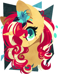 Size: 668x850 | Tagged: safe, artist:tay-niko-yanuciq, artist:tenebristayga, imported from derpibooru, sunset shimmer, pony, unicorn, blushing, bust, female, flower, flower in hair, portrait, simple background, solo, transparent background