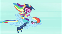 Size: 856x479 | Tagged: safe, imported from derpibooru, screencap, rainbow dash, pegasus, pony, equestria girls, friendship games, awesome, blooper, deleted scene, double rainbow, duo, female, flying, friendship games bloopers, human ponidox, humans riding ponies, mare, my little pony, riding, self ponidox, self riding