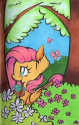 Size: 1872x2943 | Tagged: safe, artist:cutepencilcase, imported from derpibooru, fluttershy, butterfly, basket, female, forest, mouth hold, solo, traditional art