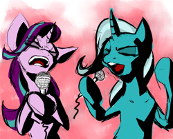 Size: 898x726 | Tagged: safe, artist:magello, imported from derpibooru, starlight glimmer, trixie, pony, unicorn, color, duo, eyes closed, female, hoof hold, karaoke, mare, microphone, open mouth, singing