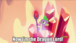 Size: 960x540 | Tagged: safe, edit, edited screencap, imported from derpibooru, screencap, spike, gauntlet of fire, bloodstone scepter, discovery family logo, dragon lord spike, image macro, male, meme, solo, text