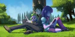 Size: 1024x518 | Tagged: safe, artist:grissaecrim, artist:raikoh, imported from derpibooru, spike, twilight sparkle, oc, oc:loyal wing, dog, equestria girls, back to back, book, clothes, reading, sitting, spike the dog, tree