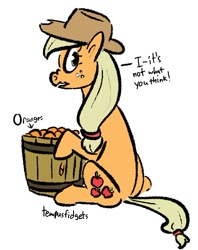 Size: 428x541 | Tagged: safe, artist:tempusfidgets, imported from derpibooru, applejack, 30 minute art challenge, barrel, betrayal, dishonorapple, female, food, fruit heresy, orange, orangejack, solo