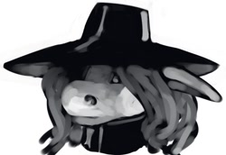 Size: 672x461 | Tagged: safe, artist:tempusfidgets, imported from derpibooru, collar, concealed eyes, crossover, d, hat, long hair, monochrome, ponified, solo, vampire hunter d