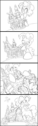 Size: 1200x3888 | Tagged: safe, artist:tsitra360, imported from derpibooru, carrot cake, cup cake, pinkie pie, twilight sparkle, twilight sparkle (alicorn), alicorn, pony, eating, female, lineart, macro, mare, monochrome, sugarcube corner, the cakes