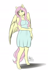 Size: 1267x1920 | Tagged: safe, artist:fairdahlia, imported from derpibooru, fluttershy, anthro, unguligrade anthro, clothes, dress, female, solo