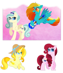 Size: 1397x1620 | Tagged: safe, artist:carouselunique, imported from derpibooru, oc, oc only, oc:lightning bug, oc:morning glory, oc:rosetta velvet pie, oc:sparkling dawn, magical lesbian spawn, next generation, offspring, parent:lightning dust, parent:pinkie pie, parent:prince blueblood, parent:rainbow dash, parent:rarity, parent:thunderlane, parents:rainbowdust, parents:rarilane, parents:raripie, parents:sunblood