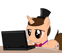 Size: 1398x1200 | Tagged: safe, artist:applec1234, artist:cyberapple456, imported from derpibooru, oc, oc only, oc:tech sketch, bowtie, computer, hat, laptop computer, roblox, solo, tired, top hat