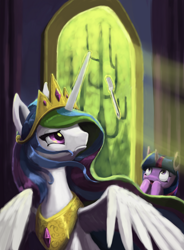 Size: 742x1010 | Tagged: safe, artist:bakuel, imported from derpibooru, princess celestia, twilight sparkle, alicorn, pony, no second prances, crepuscular rays, female, fork, forklestia, gasp, levitation, magic, mare, open mouth, scene interpretation, telekinesis, twilight sparkle (alicorn), twilight's castle