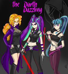 Size: 3052x3300 | Tagged: safe, artist:evanzblack, imported from derpibooru, adagio dazzle, aria blaze, sonata dusk, human, belly button, boots, clothes, crossover, frown, humanized, jacket, lightsaber, midriff, sith, smirk, star wars, the dazzlings, weapon