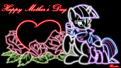 Size: 1920x1080 | Tagged: safe, artist:rose5tar, artist:voaxmasterspydre, imported from derpibooru, twilight sparkle, twilight velvet, black background, filly, filly twilight sparkle, flower, heart, mother and daughter, mother's day, neon, neon art, rose, simple background