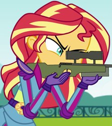 Size: 805x900 | Tagged: safe, artist:dopeedit, edit, edited screencap, editor:fuckedupeditlol, imported from derpibooru, screencap, sunset shimmer, equestria girls, friendship games, exploitable meme, gun, meme, optical sight, rifle, sniper, sniper rifle, weapon