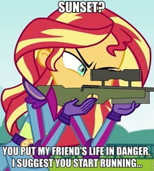 Size: 403x450 | Tagged: safe, artist:dopeedit, edit, edited screencap, editor:fuckedupeditlol, imported from derpibooru, screencap, sunset shimmer, equestria girls, friendship games, caption, death threat, exploitable meme, female, gun, meme, optical sight, rifle, sniper, sniper rifle, text, this will end in tears and/or death, threat, weapon