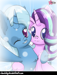 Size: 602x800 | Tagged: safe, artist:clouddg, imported from derpibooru, starlight glimmer, trixie, pony, unicorn, no second prances, best friends, bff, chest fluff, cute, diatrixes, duo, female, glimmerbetes, hug, impossibly large ears, lesbian, mare, one eye closed, selfie, shipping, side hug, signature, startrix, wink