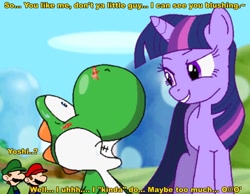 Size: 1014x788 | Tagged: safe, artist:airwolf-animatronic, imported from derpibooru, twilight sparkle, yoshi, bedroom eyes, blushing, crack shipping, crossover, crossover shipping, dialogue, luigi, mario, shipping, super mario bros., yoshilight