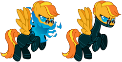 Size: 6673x3384 | Tagged: safe, artist:catzrul2, artist:morningstorm, imported from derpibooru, oc, oc only, oc:solar flare, oc:supernova, pegasus, pony, absurd resolution, blue fire, bodysuit, fire, mute, poison joke, simple background, sunglasses, superhero, transparent background, vector