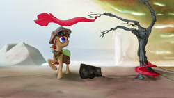 Size: 2870x1614 | Tagged: safe, artist:aaronmk, imported from derpibooru, oc, oc only, pony, fallout equestria, barbed wire, dead tree, grand pegasus enclave, saddle bag, sand storm, tree