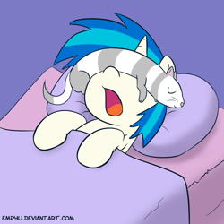 Size: 1000x1000 | Tagged: safe, artist:empyu, imported from derpibooru, dj pon-3, vinyl scratch, ferret, pony, unicorn, bed, open mouth, pet, sleeping, snoring