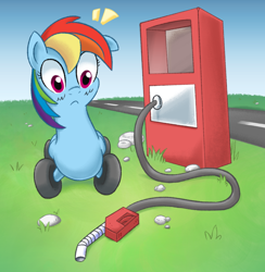 Size: 976x1000 | Tagged: safe, anonymous artist, artist:adequality, color edit, edit, imported from derpibooru, rainbow dash, original species, wheelpone, :<, blushing, car, colored, female, frown, gas pump, gasoline, implied insertion, refueling, solo, species swap, wide eyes