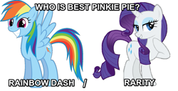 Size: 869x444 | Tagged: safe, imported from derpibooru, rainbow dash, rarity, pegasus, pony, unicorn, newbie dash, the gift of the maud pie, behaving like pinkie pie, duo, implied pinkie pie, simple background, text, white background