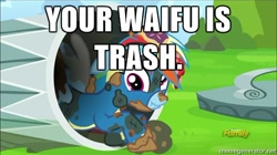 Size: 500x279 | Tagged: safe, edit, edited screencap, imported from derpibooru, screencap, rainbow dash, newbie dash, discovery family logo, image macro, meme, nose wrinkle, rainbow trash, scrunchy face, trash, wonderbolts uniform, your waifu is trash