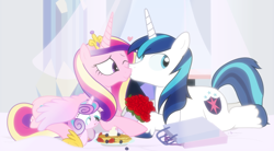 Size: 1500x830 | Tagged: safe, artist:dm29, imported from derpibooru, princess cadance, princess flurry heart, shining armor, bed, female, food, julian yeo is trying to murder us, kissing, male, mother's day, pancakes, shiningcadance, shipping, straight