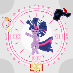 Size: 900x900 | Tagged: safe, artist:k64speed, imported from derpibooru, twilight sparkle, book, damaged, female, glow, glowing, golden oaks chandelier, ink, magic, magic circle, pixel art, quill, runes, solo