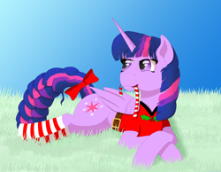 Size: 4500x3500 | Tagged: safe, artist:fia94, imported from derpibooru, twilight sparkle, alicorn, pony, absurd resolution, advent calendar, candy, candy cane, christmas, clothes, female, food, mare, mouth hold, socks, solo, striped socks, tail bow, twilight sparkle (alicorn)