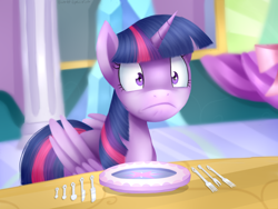 Size: 3600x2700 | Tagged: safe, artist:scarlet-spectrum, imported from derpibooru, twilight sparkle, alicorn, pony, no second prances, faic, female, fork, frown, knife, mare, plate, scene interpretation, solo, spoon, table, twilight sparkle (alicorn), twilight's castle, wide eyes