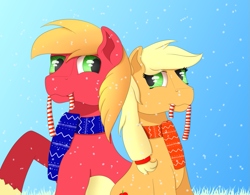 Size: 1023x796 | Tagged: safe, artist:fia94, imported from derpibooru, applejack, big macintosh, earth pony, pony, advent calendar, brother and sister, candy, candy cane, christmas, clothes, food, male, mouth hold, scarf, stallion