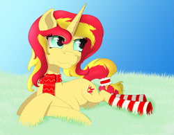 Size: 1023x796 | Tagged: safe, artist:fia94, imported from derpibooru, sunset shimmer, pony, unicorn, equestria girls, advent calendar, christmas, clothes, female, scarf, socks, sockset shimmer, solo, striped socks