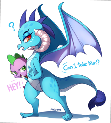 Size: 2590x2869 | Tagged: safe, artist:maren, imported from derpibooru, princess ember, spike, dragon, gauntlet of fire, carrying, dialogue, duo, emberspike, female, holding a dragon, male, question mark, shipping, straight, tsundember, tsundere